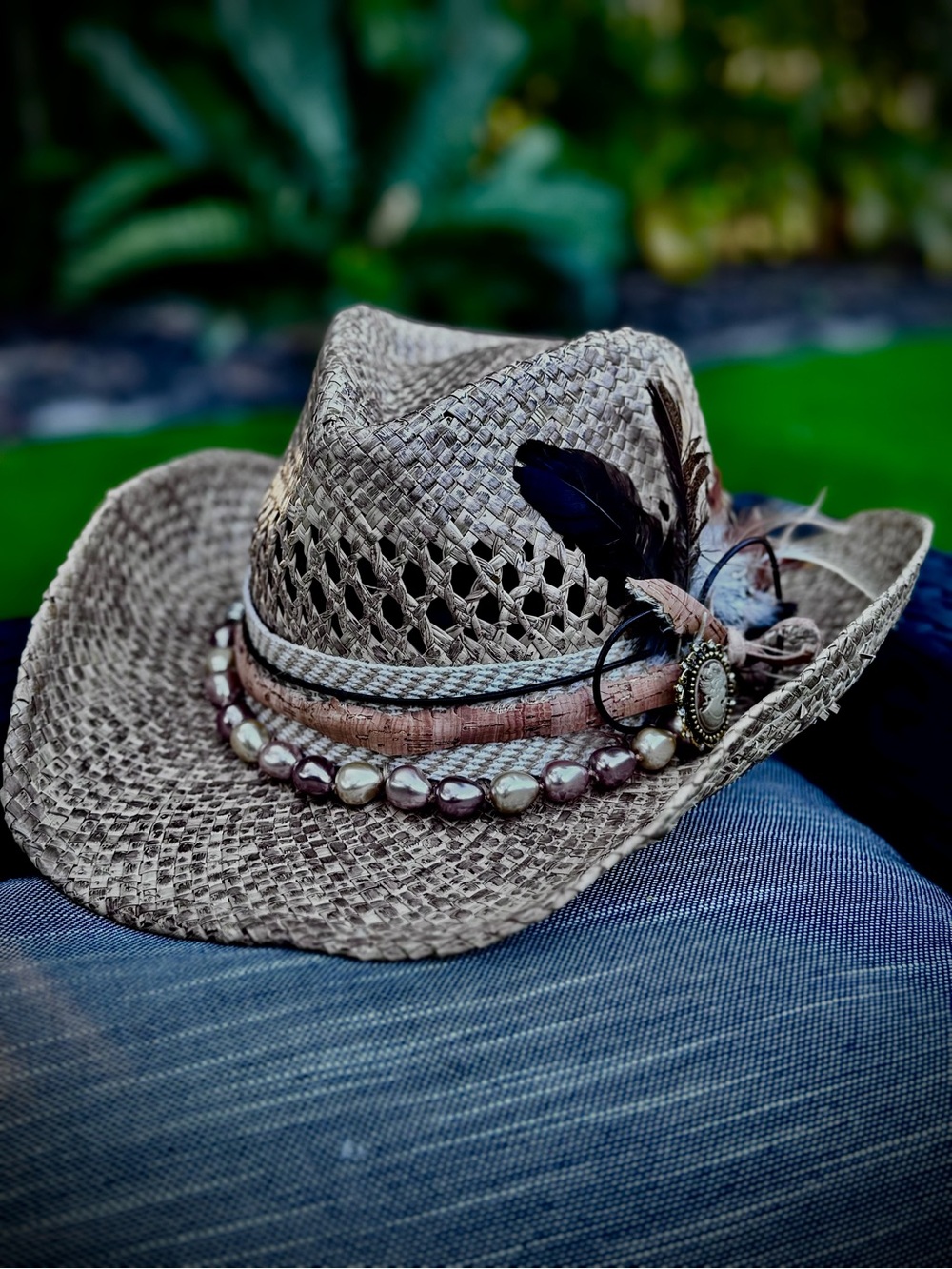 Woven Straw Fedora Hat with Bead & Feather Trim - Brown